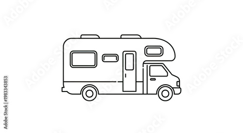 Minimalist line drawing of a recreational vehicle parked on a white background