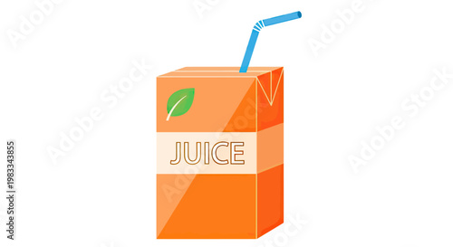 A carton of orange juice with a blue straw and a green leaf on it