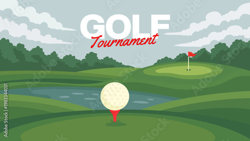 Golf course banner with ball on tee, green, flag, landscape for sport league. Golf tournament poster with ball and hole for leisure sport. Golf country with ball on tee, flag and green for event