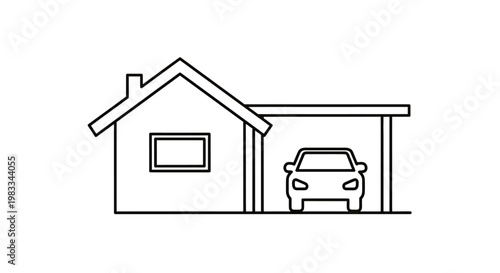 Stylized line drawing of a house with an attached carport containing a car