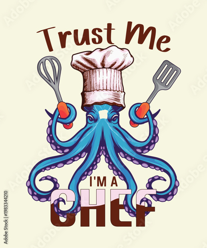 Funny blue octopus chef character with hat holding kitchen whisk and spatula vector design.