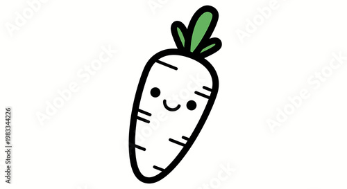 cute cartoon daikon radish smiling with green leafy top for food branding