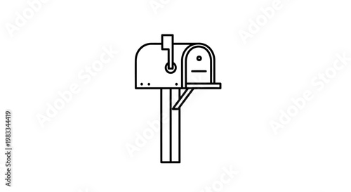 Black and white outline drawing of a traditional mailbox on a post