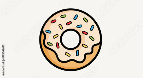 A simple illustration of a ring-shaped pastry with pale frosting and colorful sprinkles