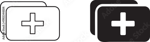 Black silhouette and outline icons for adding a new tab or slide. Vector symbols for web and apps.