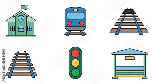 Train station railway transport icons set, modern line and flat vector style collection, featuring train, platform, ticket, signal, and rail track symbols for transportation systems