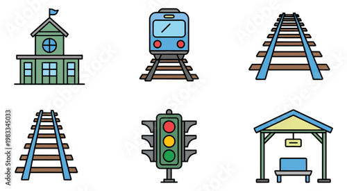 Train station railway transport icons set, clean editable stroke vector pack illustrating railway station, commuter train, platform signage, and rail infrastructure for logistics
