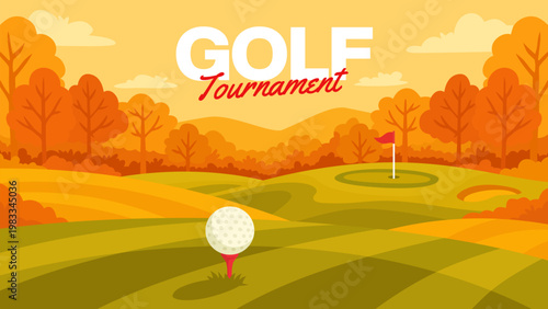 Golf course autumn landscape with ball on tee illustration background. Golf ball on tee fall season course scene flat design for league poster. Golf tournament with fall landscape banner for event