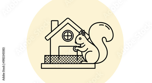 Black line drawing of a squirrel with a bushy tail near a small house and feeder
