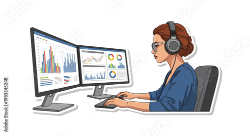 woman wearing headset working on computer with two monitors