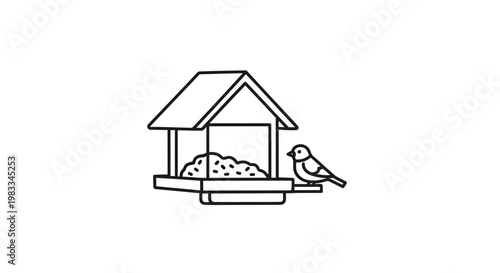 A line art depiction of a bird feeder filled with seeds and a small bird