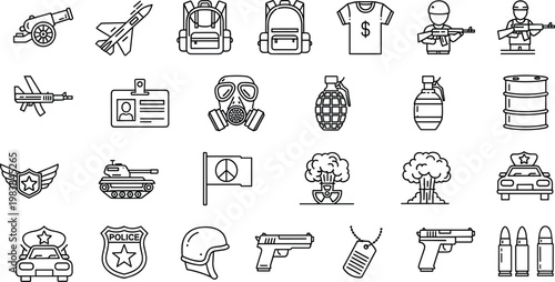 Comprehensive collection of military and police line icons featuring tank soldiers weapons gas mask grenades bullets jet and nuclear explosion.