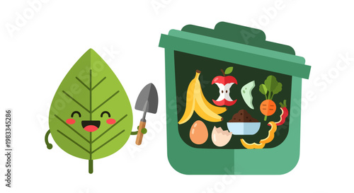Composting cartoon, leaf character adding food waste to bin