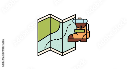 Folded map and hiker's boot with backpack, indicating a journey
