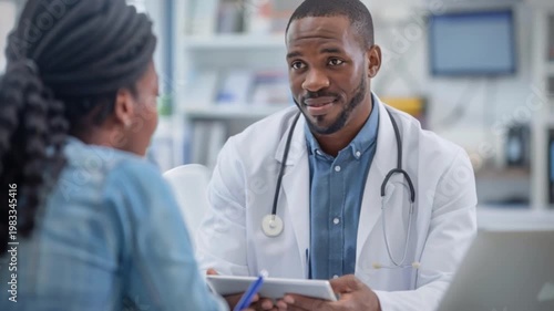 Wallpaper Mural In a bright, modern healthcare clinic, a professional doctor uses a tablet to engage in an informative conversation with a patient about personalized medicine and various treatment options Torontodigital.ca