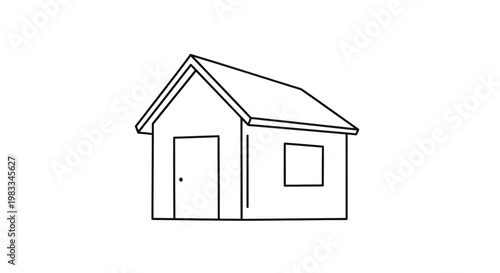 Simple line drawing of a small, detached house with a pitched roof, door, and window