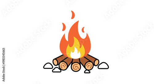 Stylized campfire with logs and stones, burning brightly