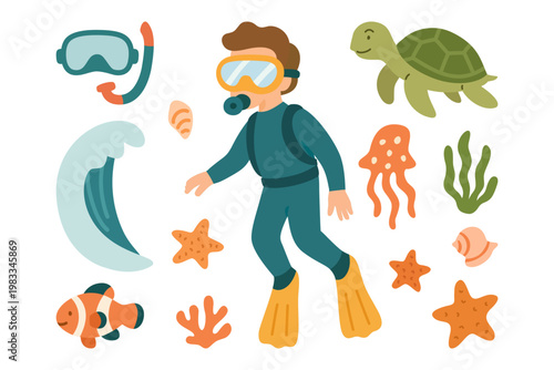 Scuba diver with marine life and underwater elements for ocean. Underwater diving scene flat illustration pack for marine. Underwater world icon symbol set with with scuba diver, animals, ocean object