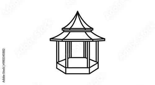 Black outline drawing of a multi-sided pavilion with a tiered, pointed roof