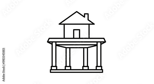 Stylized line drawing of a multi-level building with columns and a peaked roof