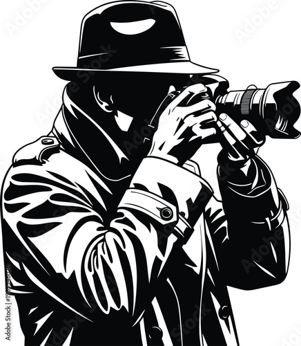 Mysterious detective wearing a fedora hat and trench coat taking photos with professional camera black and white vector graphic illustration.