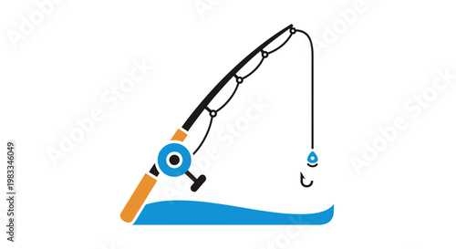 Simplified fishing rod with hook and bait over wavy water