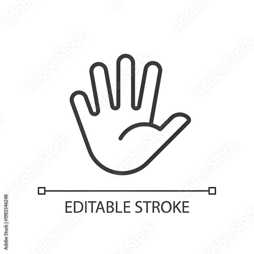 Hand with splayed fingers pixel perfect linear icon. Non verbal communication. Body language. Thin line illustration. Contour symbol. Vector outline drawing. Editable stroke. Arial font used