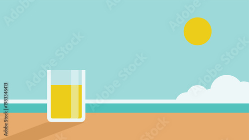 A minimalist summer beach scene with a warm sun shining in a clear blue sky and a refreshing glass of lemonade resting on the sand.