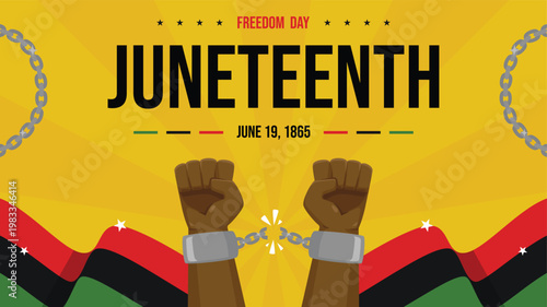 A Juneteenth greeting design featuring a chained fist and flags against a vibrant yellow background.