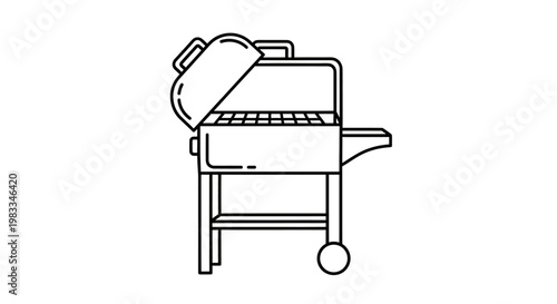Line drawing of an open charcoal grill with one wheel