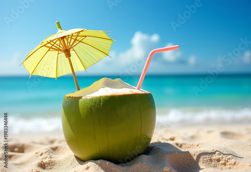 Coconut drink with straw and umbrella on sand, ocean background