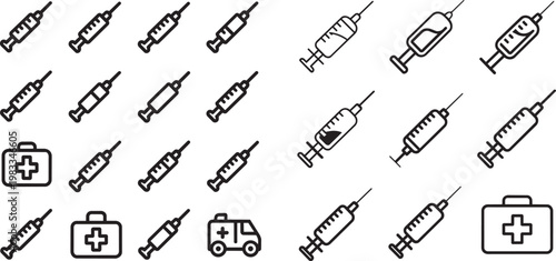 A set of medical line icons depicting various syringes, a first aid kit, and an emergency ambulance