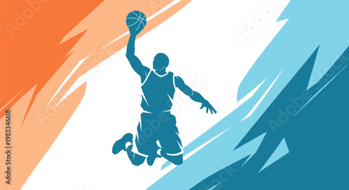 Basketball player in mid-air, performing a slam dunk with dynamic background