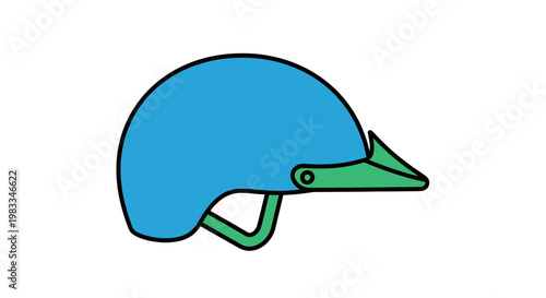 A simple flat illustration of a blue helmet with a green visor and chin strap