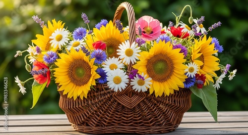 Wicker basket full of colorful sunflowers and wild summer flowers