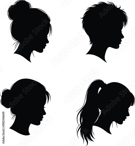 Set of four black silhouettes representing various female hairstyles including bun ponytail and short pixie cut for beauty salon vector.