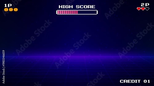 LEVEL UP icon. Pixel art 8 bit. Retro Futurism Sci-Fi Background. glowing neon grid. and stars from vintage arcade computer games