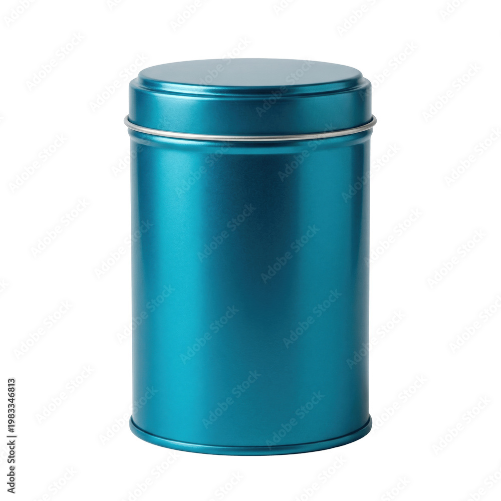Obraz premium Empty cylindrical turquoise blue metallic metal tin container with lid, product packshot on white background.