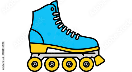 A blue quad roller skate with yellow accents and black outline