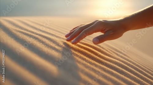 Man touches sand on sunlit dune slope