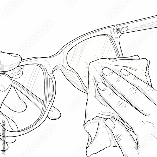 Cleaning glasses, hand with cloth, eyeglasses care, vision correction isolated on White Background
