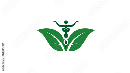 Stylized Natural Health & Wellness Logo: Green Leaves Embracing a Human Figure with Integrated Healing Symbol