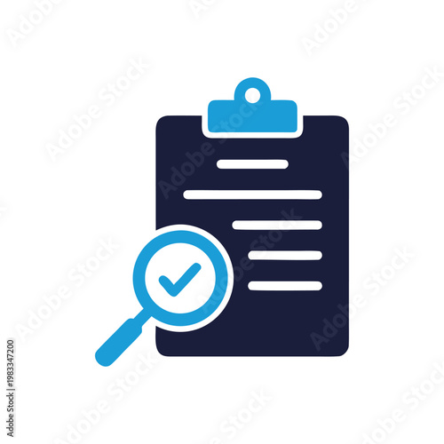 Document Review and Verification Icon, Checklist with Magnifying Glass and Check Mark