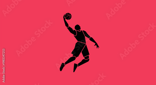 Dynamic silhouette of a basketball player captured in mid-air performing a powerful dunk, isolated on a vibrant background, embodying athleticism and competitive spirit