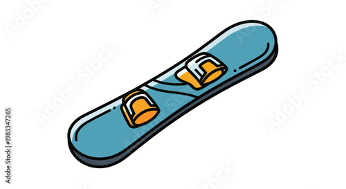 A blue snowboard with orange bindings on a white background