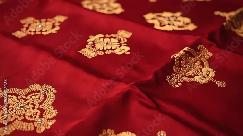 Wallpaper Mural Vibrant red fabric with intricate golden embroidery and sparkling jewels Torontodigital.ca