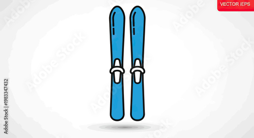 Two blue skis with white bindings are isolated on a white background