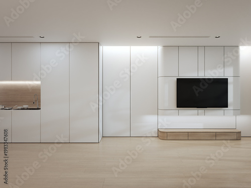 Modern minimalist kitchen near living room and tv cabinet in bright white interior. Clean airy empty area with wooden floor 3d rendering.