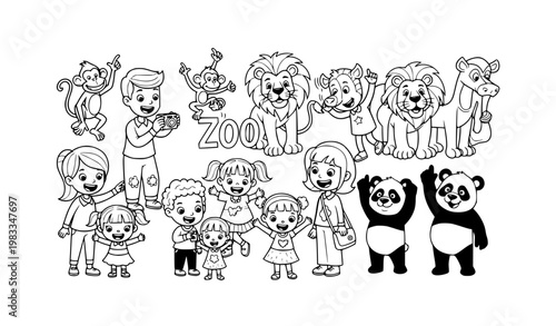 Cartoon family at zoo with kids watching animals black and white vector illustration playful educational scene