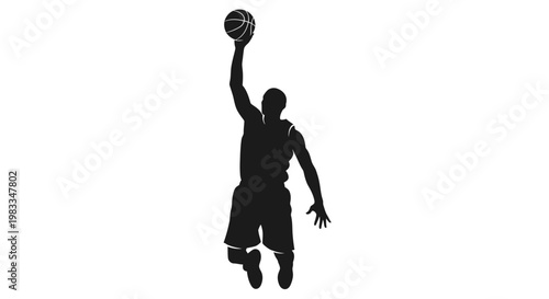 Silhouette of a basketball player jumping to dunk on a white background